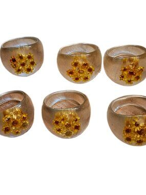 6 Vintage Amber Lucite Napkin Rings w/ Encased Clusters of Dried Yellow Flowers